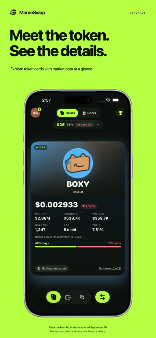 Swipe cards for meme coins in the MemeSwap app