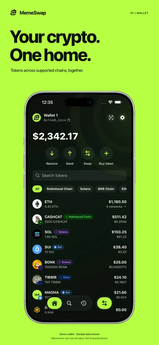 A portfolio across chains in the MemeSwap app