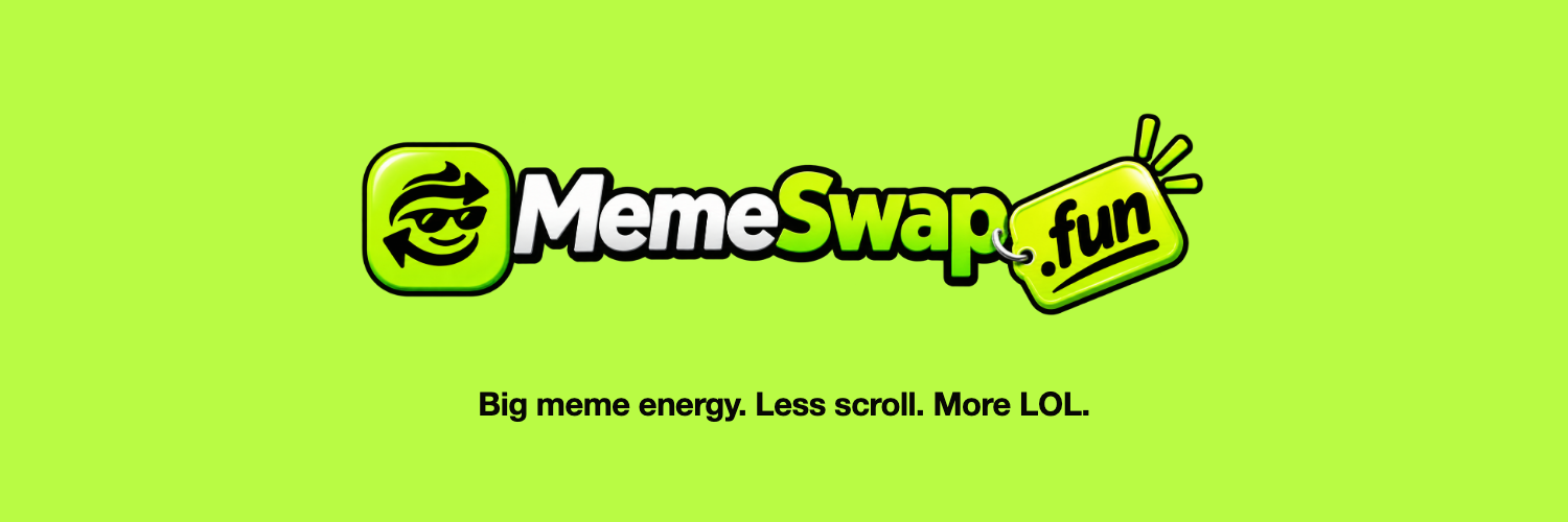 MemeSwap header on volt: the mark, memeswap.fun and the line Big meme energy. Less scroll. More LOL.