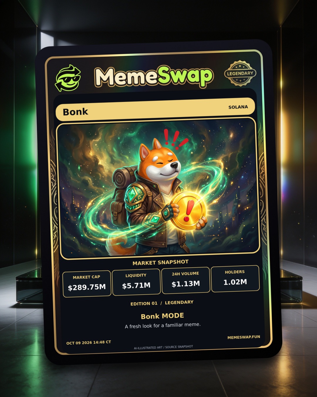 Bonk (Bonk), solana, LEGENDARY holographic MemeSwap collectible card, edition 1