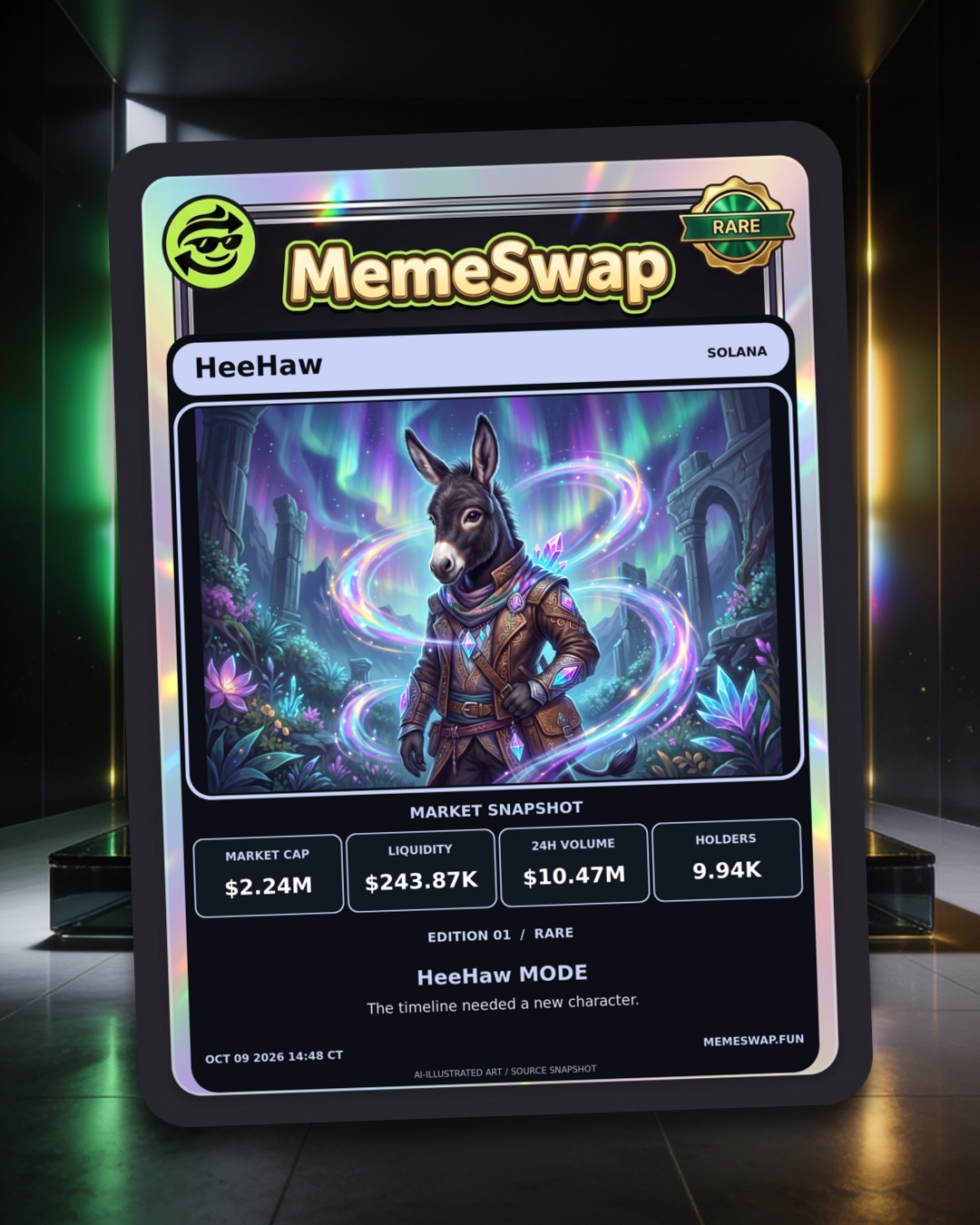 Justice for HeeHaw (HeeHaw), solana, RARE holographic MemeSwap collectible card, edition 1