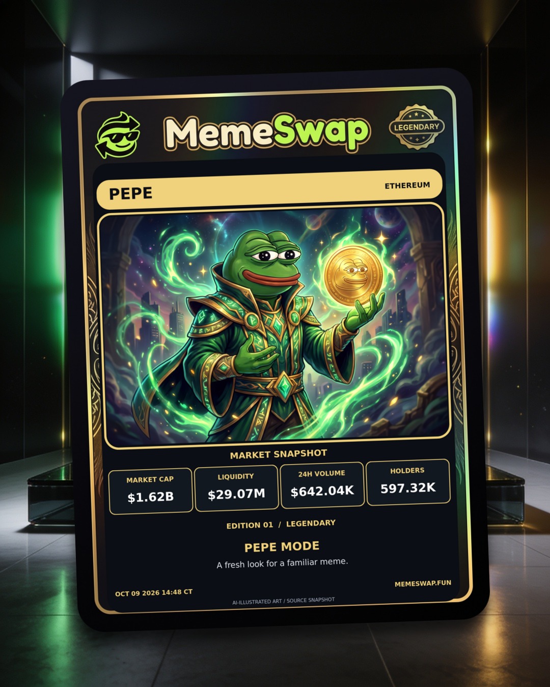 Pepe (PEPE), ethereum, LEGENDARY holographic MemeSwap collectible card, edition 1