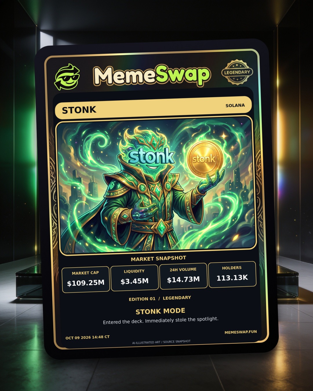 STONK (STONK), solana, LEGENDARY holographic MemeSwap collectible card, edition 1