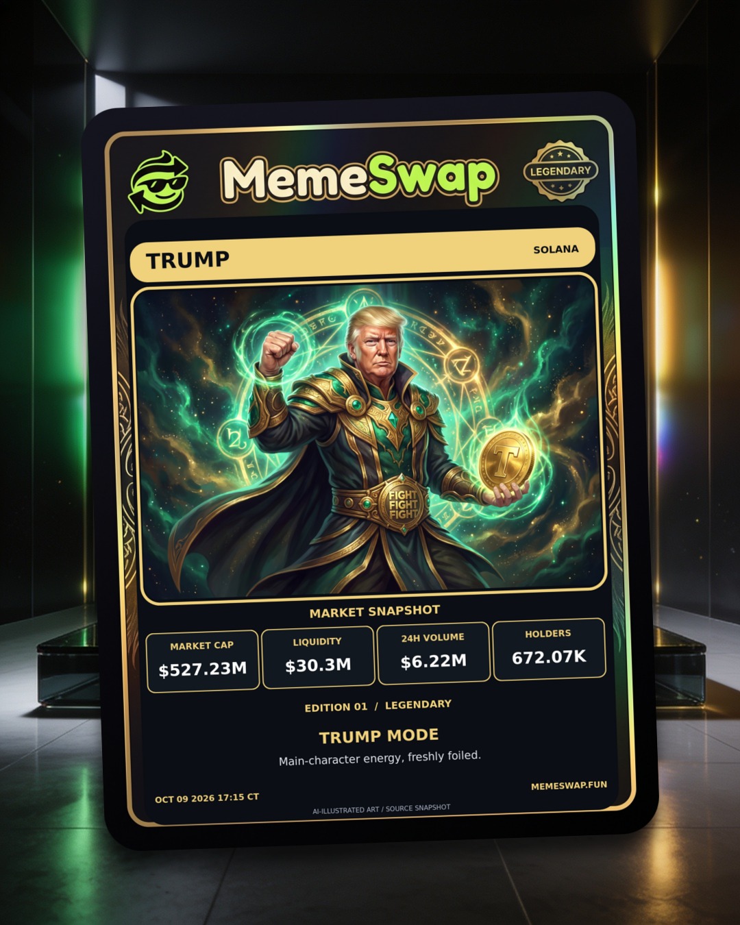 OFFICIAL TRUMP (TRUMP), solana, LEGENDARY holographic MemeSwap collectible card, edition 1
