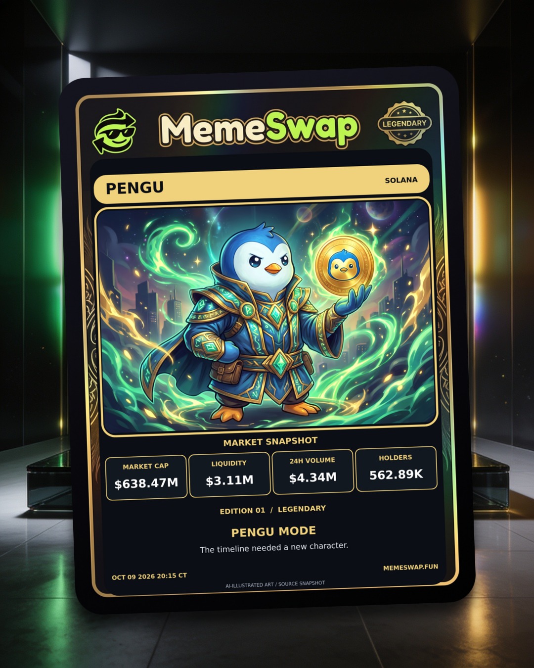 Pudgy Penguins (PENGU), solana, LEGENDARY holographic MemeSwap collectible card, edition 1