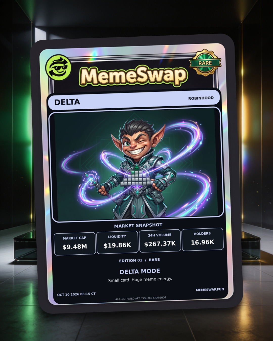 Delta (DELTA), robinhood, RARE holographic MemeSwap collectible card, edition 1