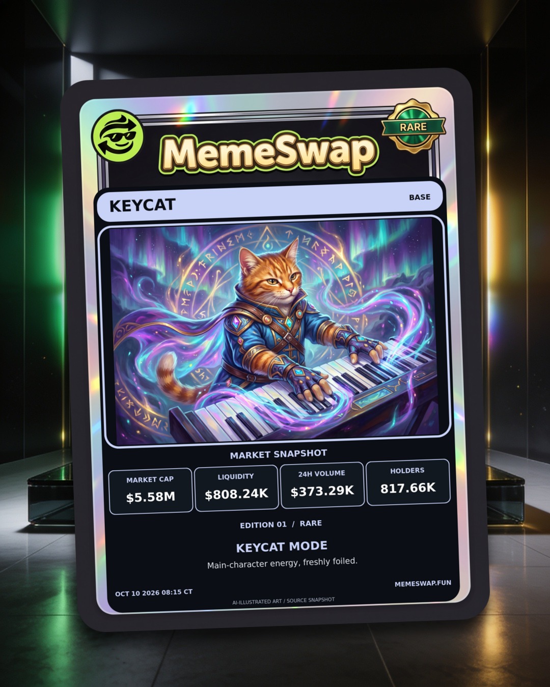 Keyboard Cat (KEYCAT), base, RARE holographic MemeSwap collectible card, edition 1