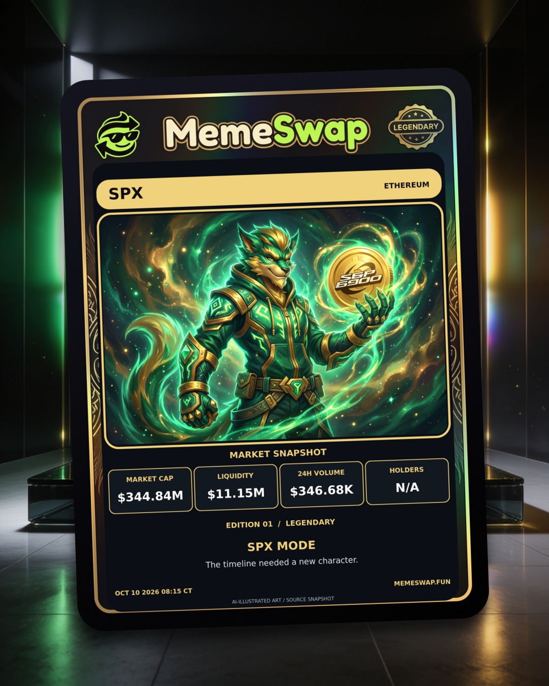 SPX6900 (SPX), ethereum, LEGENDARY holographic MemeSwap collectible card, edition 1