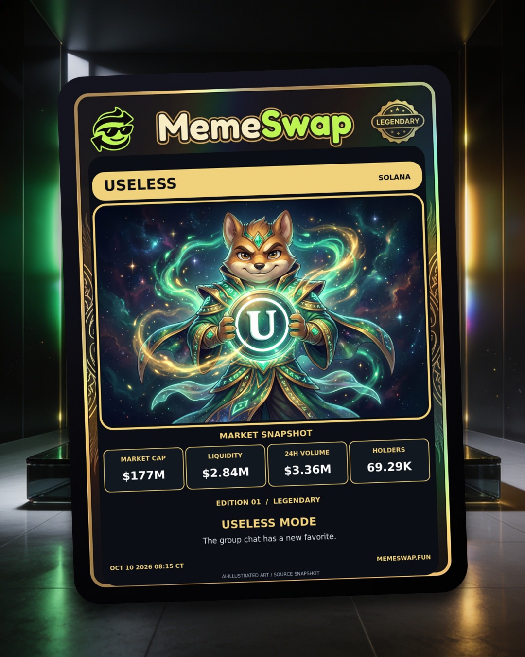 USELESS COIN (USELESS), solana, LEGENDARY holographic MemeSwap collectible card, edition 1