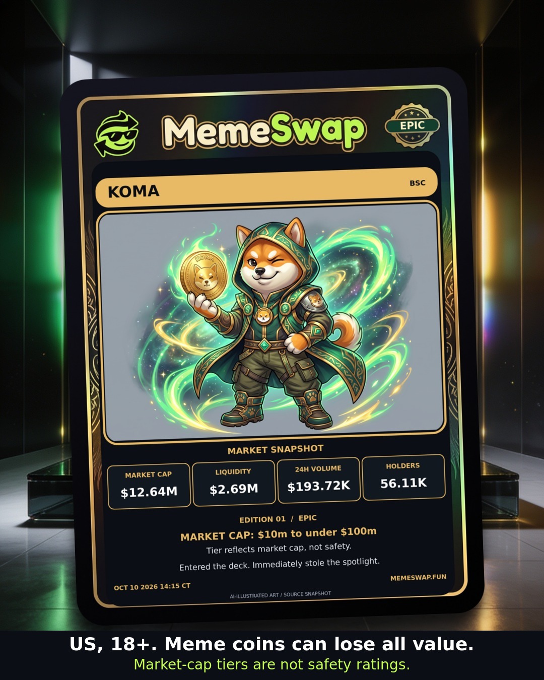 Koma Inu (KOMA), bsc, EPIC holographic MemeSwap collectible card, edition 1