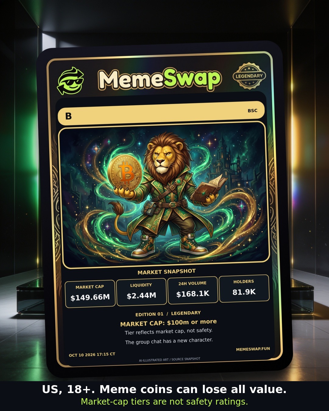B (B), bsc, LEGENDARY holographic MemeSwap collectible card, edition 1
