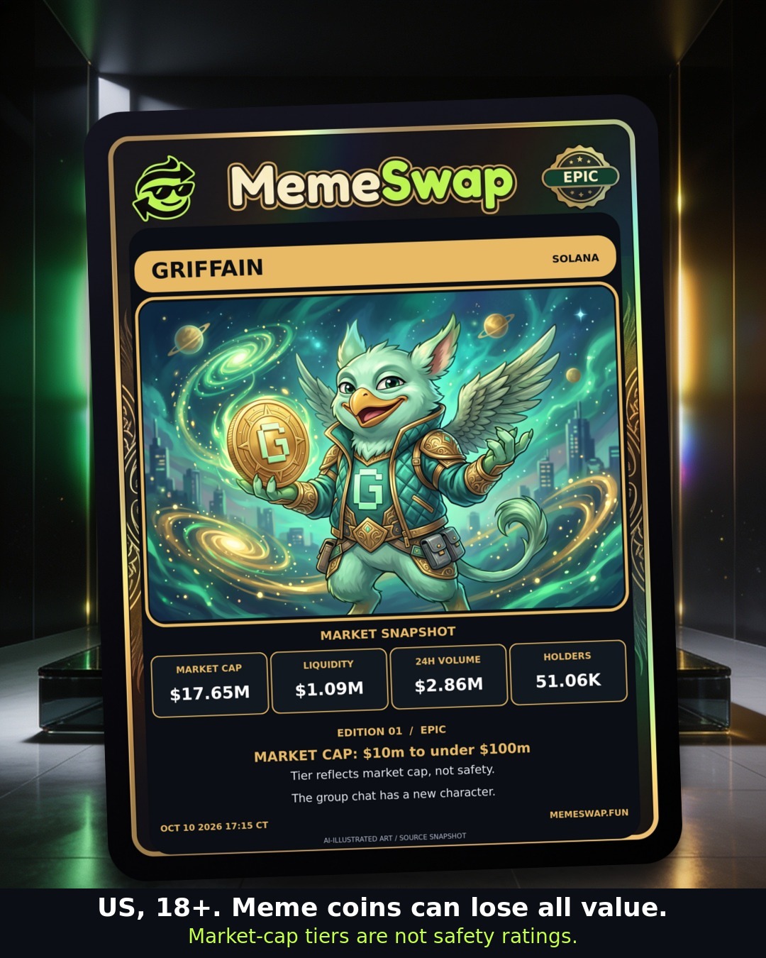 test griffain.com (GRIFFAIN), solana, EPIC holographic MemeSwap collectible card, edition 1