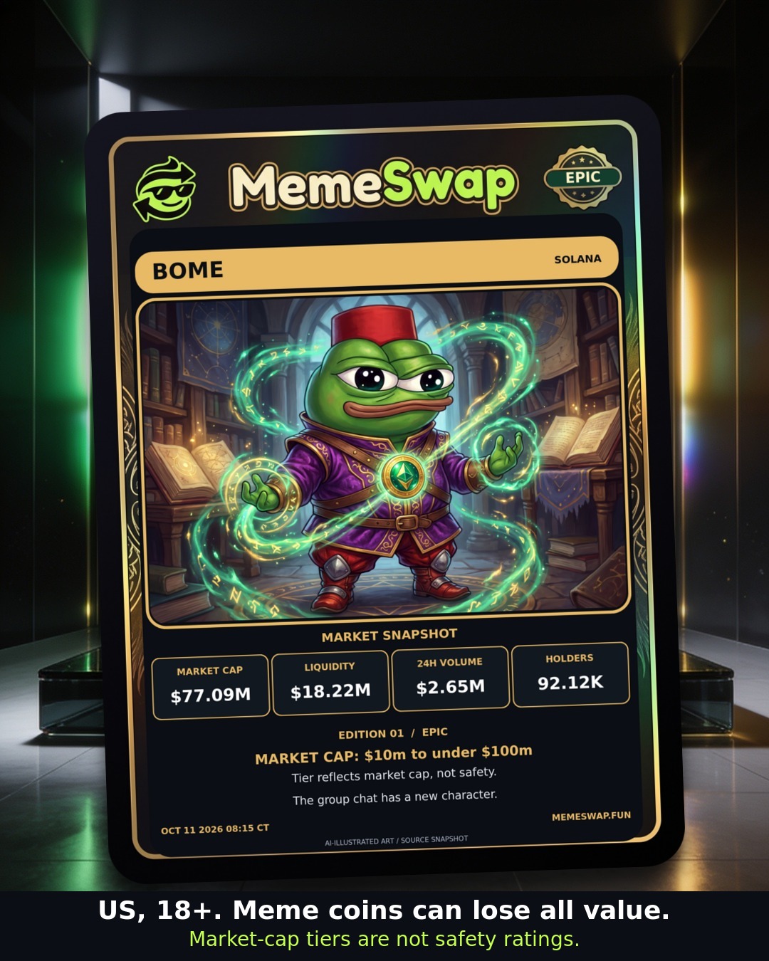 BOOK OF MEME (BOME), solana, EPIC holographic MemeSwap collectible card, edition 1