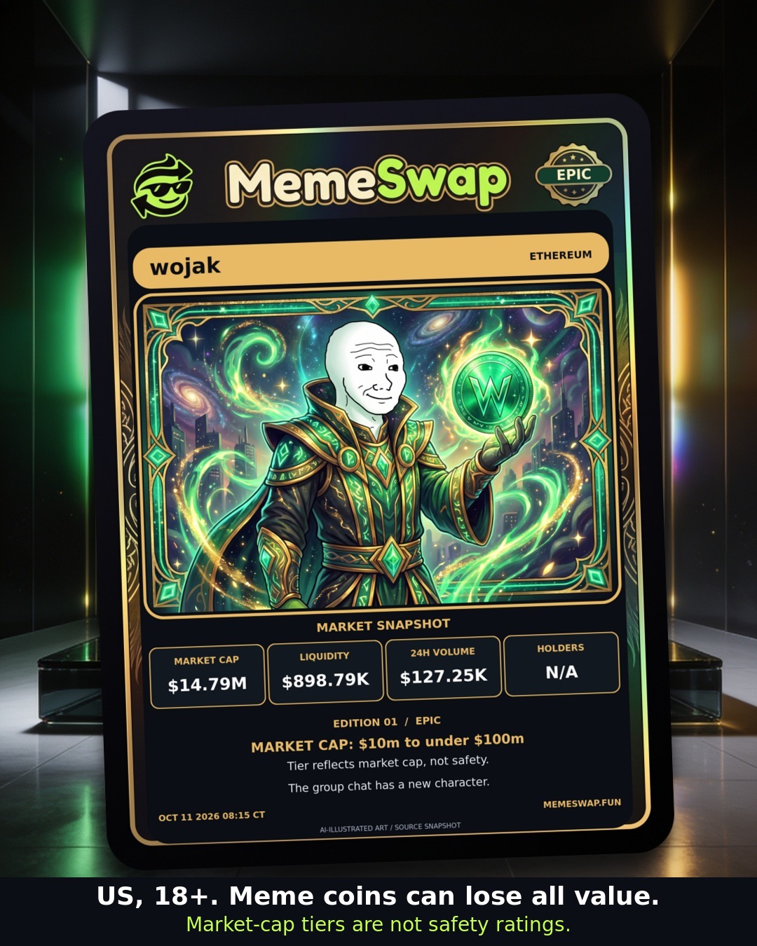 wojak (wojak), ethereum, EPIC holographic MemeSwap collectible card, edition 1