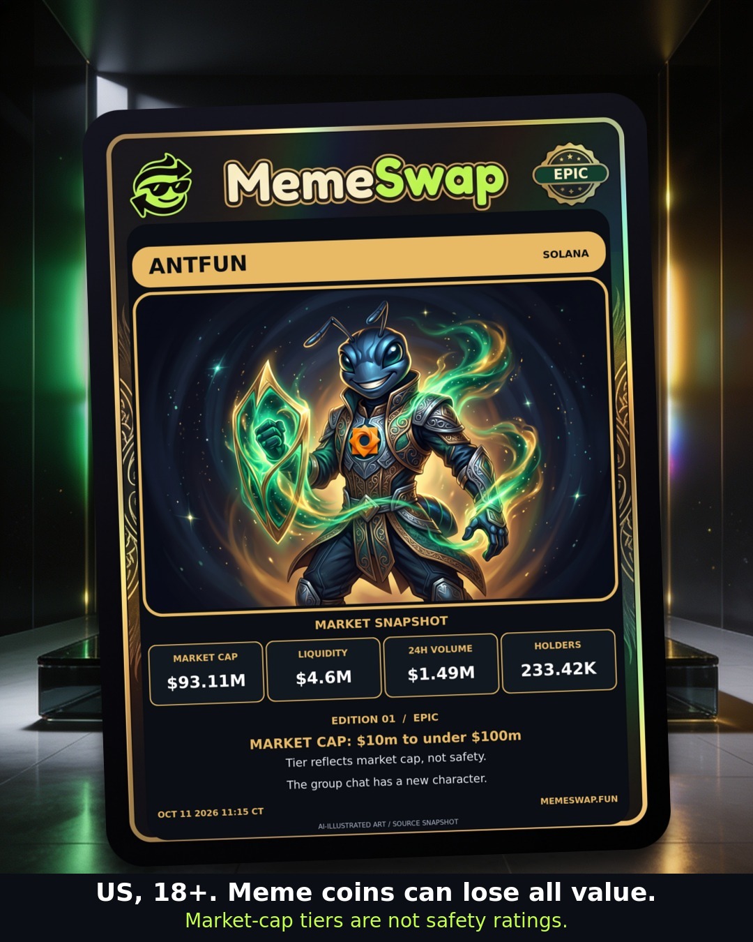 AntFun (ANTFUN), solana, EPIC holographic MemeSwap collectible card, edition 1