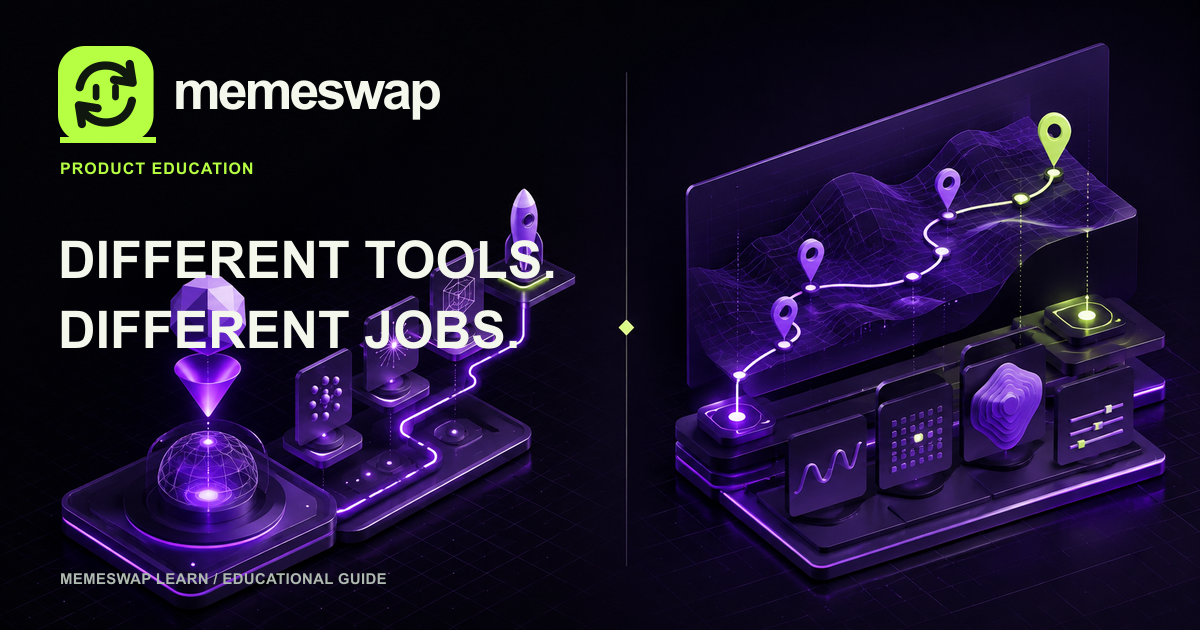 Purple split workflow illustration comparing token launch creation with discovery and route review