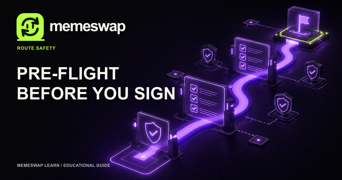 Purple route with checklist gates and verification shields for swap and bridge preflight checks