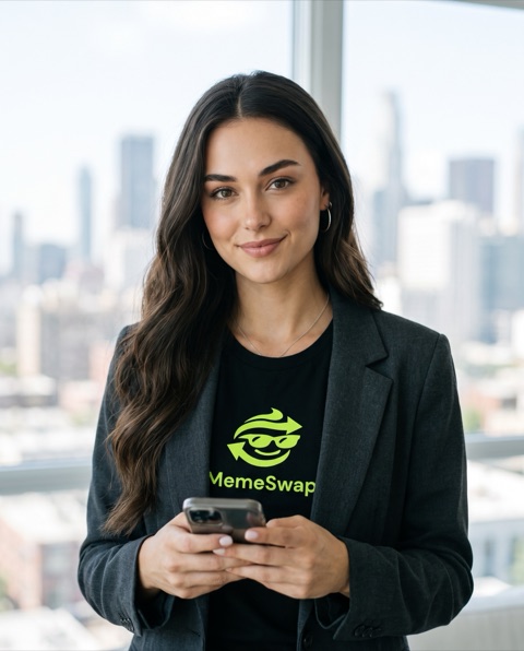 Ava in a black MemeSwap tee under a charcoal blazer in a glass loft, city behind her, holding a phone with a confident half smile