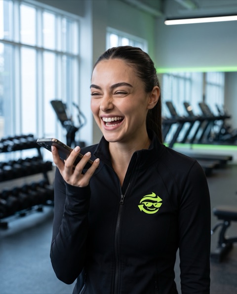 Ava laughing in black MemeSwap athleisure at a gym at 6 a.m., phone in hand