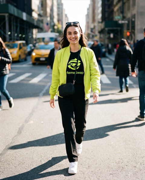 Ava walking down a city street in a volt-green bomber jacket, sunglasses pushed up into her hair