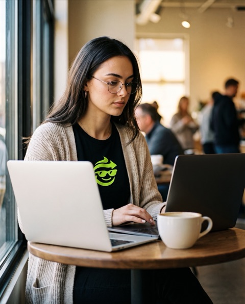 Ava in reading glasses at a coffee shop table, laptop open, focused on the screen