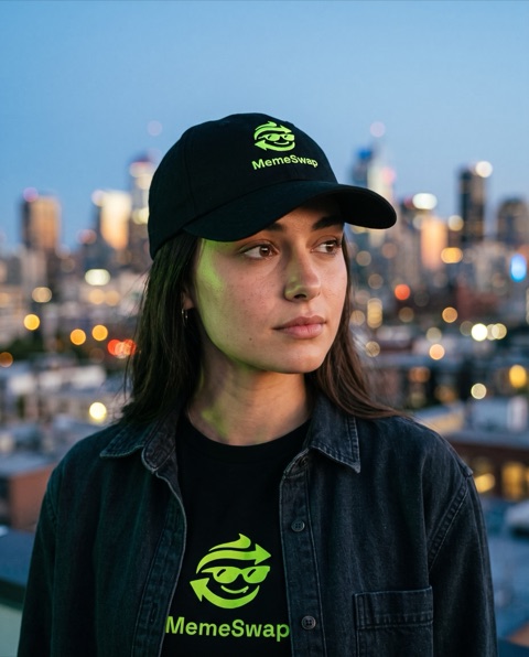 Ava on a rooftop at dusk in a black MemeSwap cap, city lights behind her, looking off frame